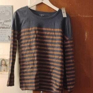 LOFT Navy and Tan Striped Long Sleeve Shirt